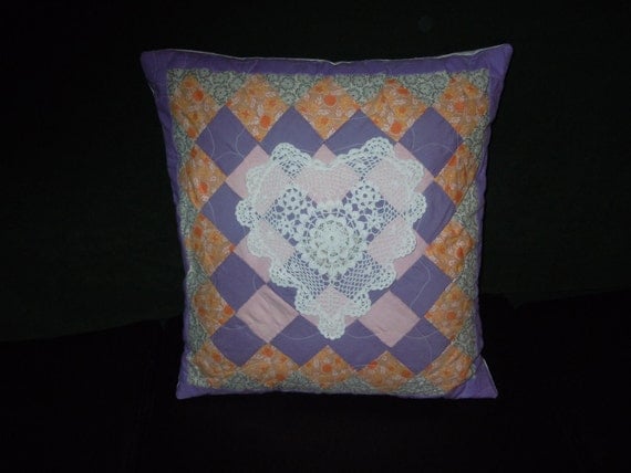 Quilted Pillow Cover Upcycled Patchwork and Doily Throw
