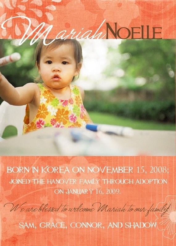 Items similar to Photo Adoption Announcement or Birth Announcement 5x7 ...