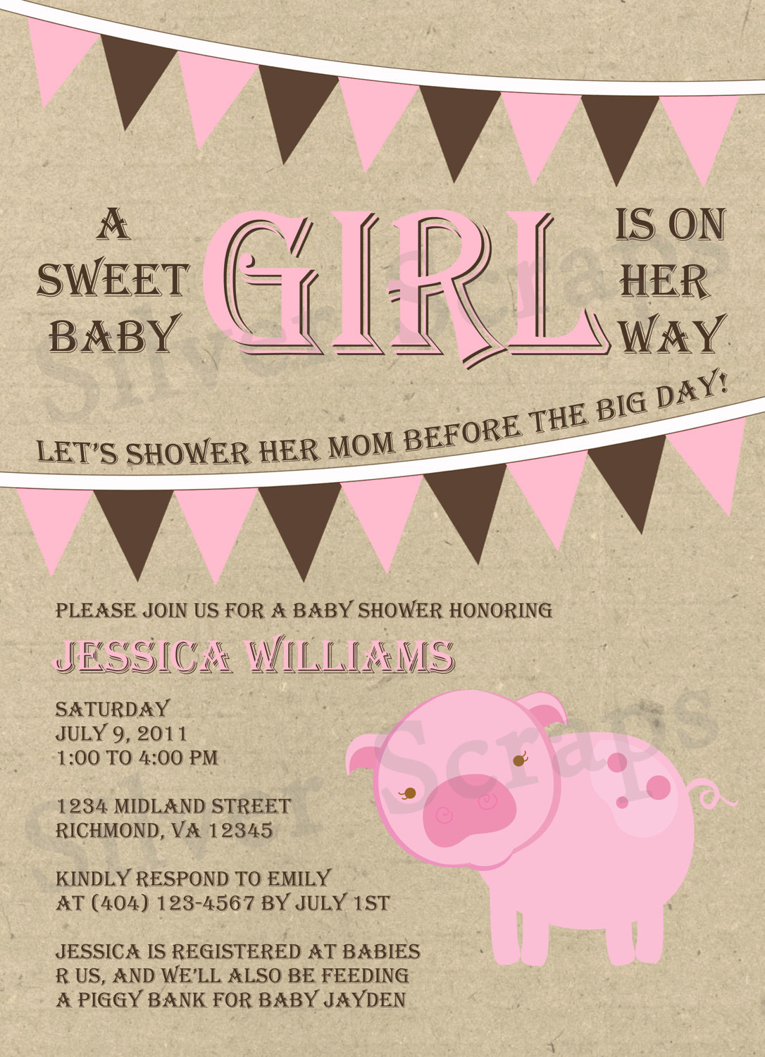 emailed baby shower Piggy Shower Bunting Baby Custom by and Invitation