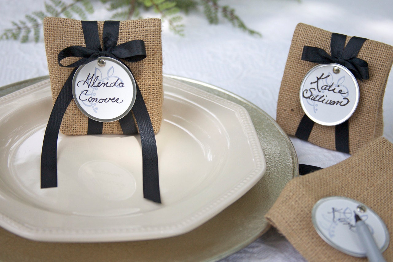 Sets of 48 to 98 Small Burlap Bags with Labels for Wedding