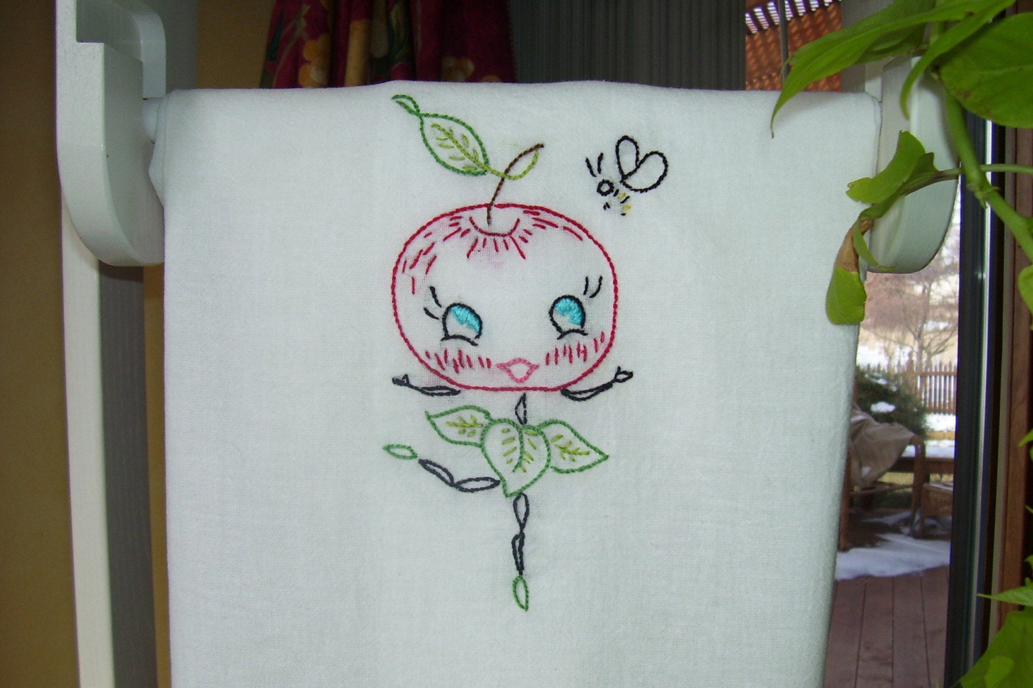 Hand Embroidered Flour Sack Dish Towel using a Vintage