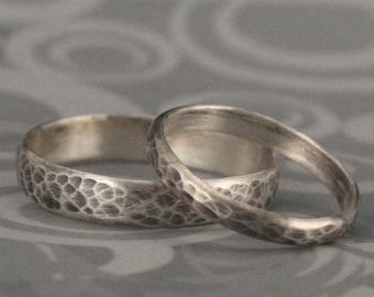 hammered bands matching sterling silver wedding ring set oxidized and brushed rings - Rustic Wedding Rings hammered bands matching sterling silver wedding ring set oxidized and brushed rings - Rustic Wedding Rings
