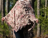 Gray Fleece Poncho with Fuchsia, Chocolate, White & Purple Paisley