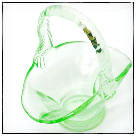 Small Green Vaseline Glass Basket