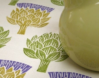 Artichoke Thistle hand block printed linen tea towel kitchen decor