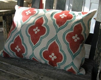Russet and teal blue green ogee hand block printed on warm gray linen moroccan home decor decorative pillow case