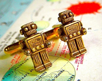Robot Cufflinks Men's Steampunk Style Antiqued Brass Metal The Originals From Cosmic Firefly