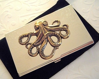 Metal Octopus Business Card Case Vintage Style Brass Octopus Silver Card Case Slim Metal Case Gothic Victorian Steampunk Card Case New
