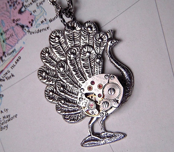 Steampunk Necklace Silver Peacock Necklace Vintage Watch Movement Steampunk Peacock Women's Steampunk Jewelry by CosmicFirefly steampunk buy now online
