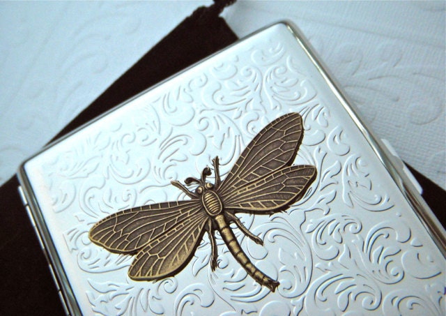 Cigarette Case Dragonfly Mixed Metals Big Double Size Silver Plated Art Nouveau Rustic Brass Insect Gothic Victorian Steampunk Accessories