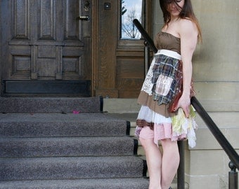 50% SALE upcycled clothing, ethical fashion, strapless tattered apron dress . S - M