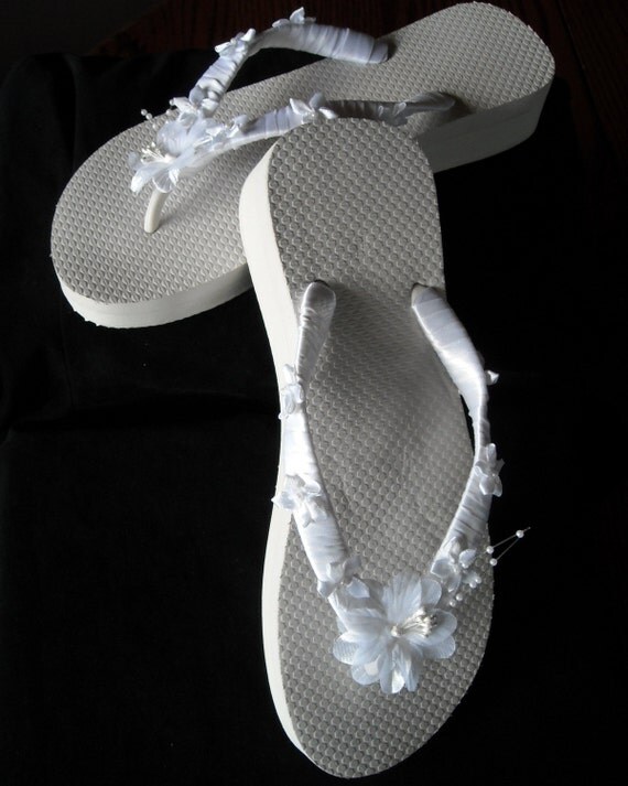 Items Similar To White Bridal Wedding Flip Flop Wedge With White Satin And Sheer Flowers On Etsy