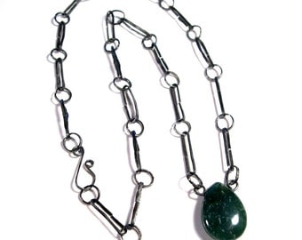 Wire Work Necklace: Green Jasper on Handmade Steel Chain - Free Domestic Shipping