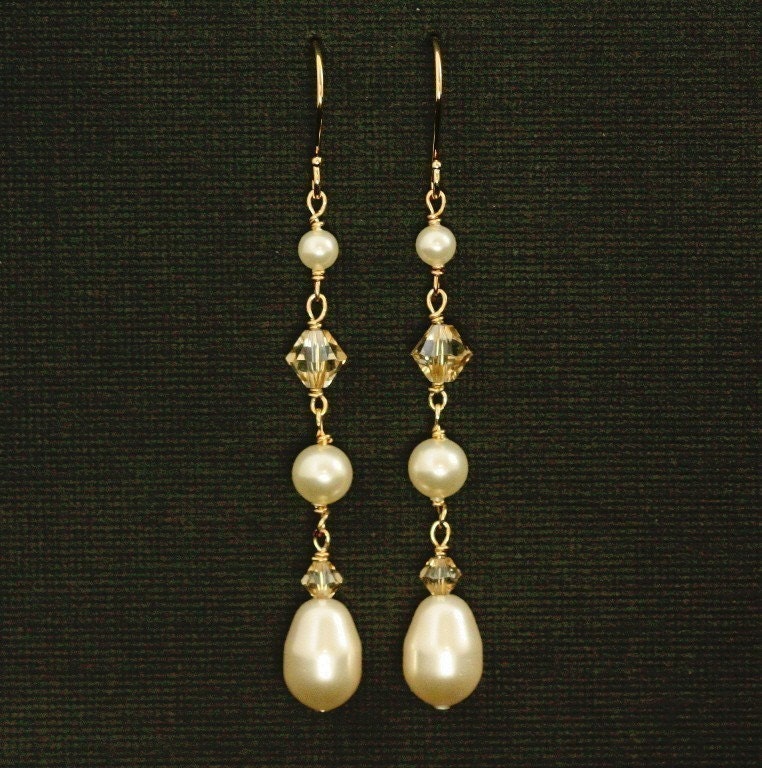 Long Pearl Earrings Gold Dangle Bridal Earrings Swarovski