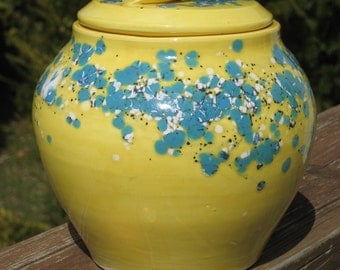 covered jar, yellow w/ turquoise crystals