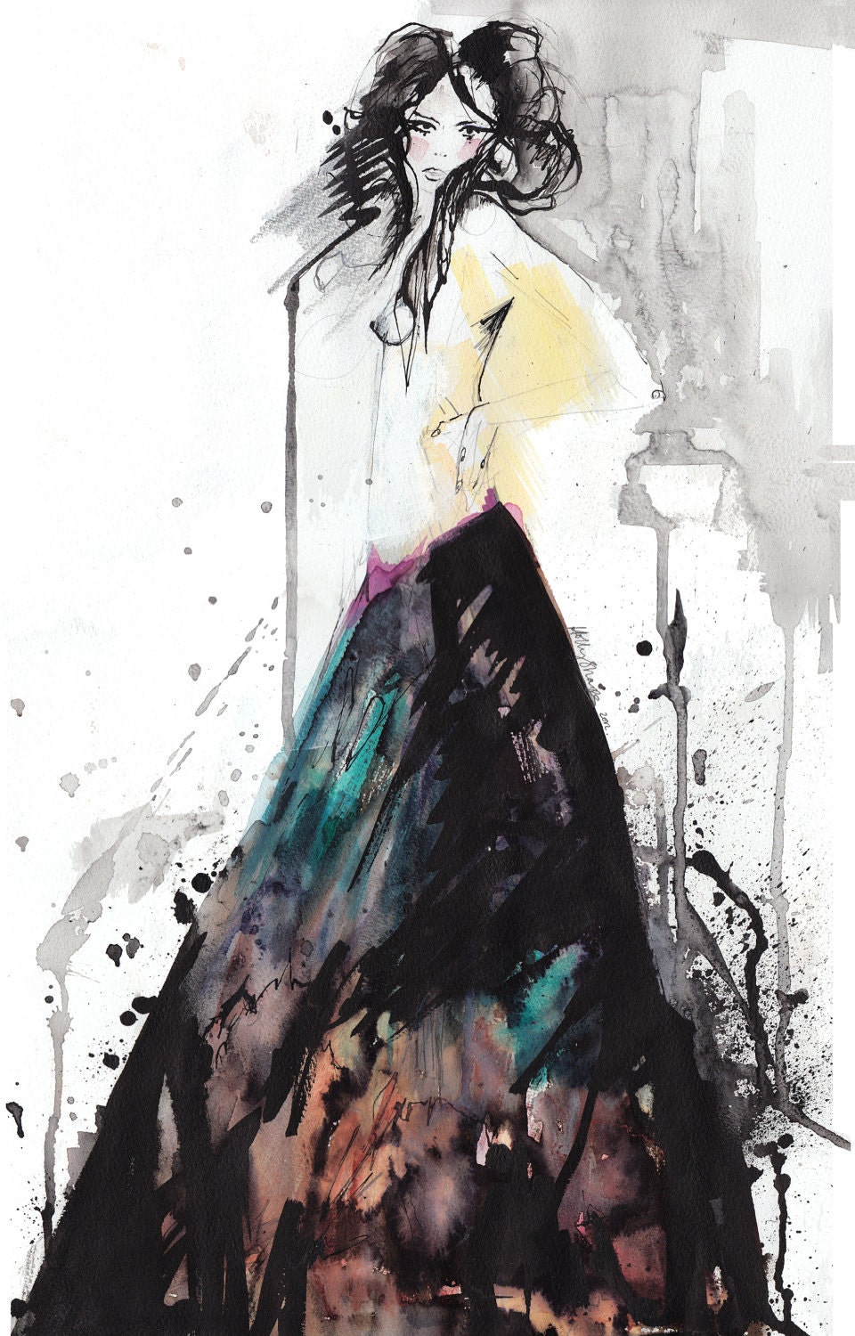 Smoke // ORIGINAL painting watercolor and ink FASHION