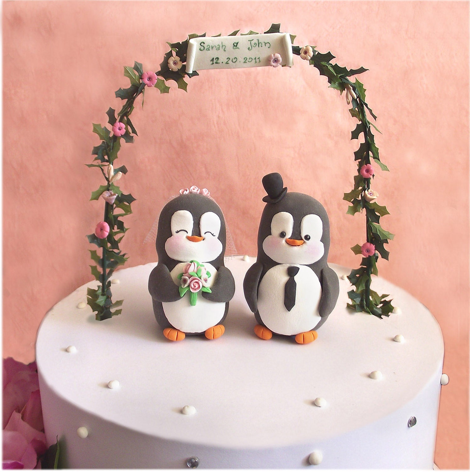 Items Similar To Custom Penguin Wedding Cake Toppers Black And White Cute Personalized Elegant 0728