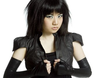 Fingerless black opera gloves by Plastik Wrap in latex like finish, sleeves, arm warmers, sleek, modern, futuristic, size 2