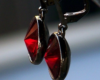 Sale- Ruby Red Crystal and Antique Silver Leverback Earrings
