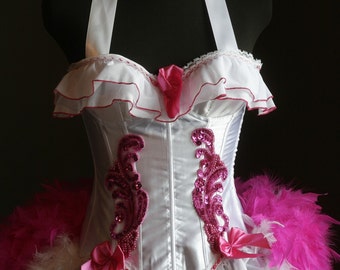 BABYDOLL Pink White Burlesque Corset Costume w/ Feather Fascinator EVERYTHING INCLUDED!
