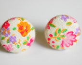 Pink Floral Fabric Button Earrings