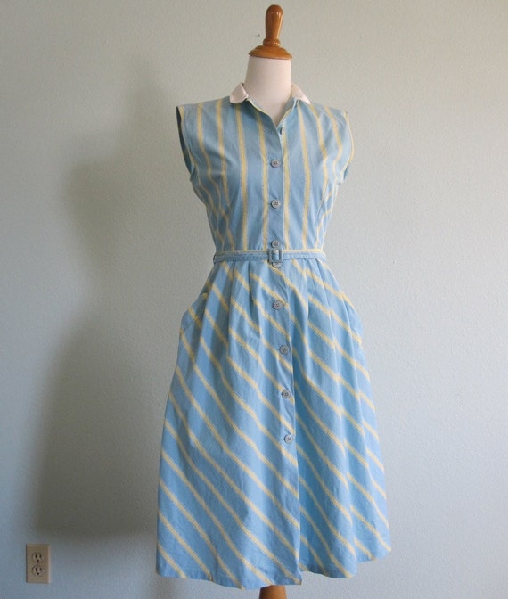 Vintage 1970s Dress Cacharel Blue and Yellow Striped Cotton