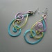 Hammered Peacock BOLD Long Swirly Spiral Feather Aluminum Earrings, Blue Purple Green Silver