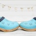 Child's Vintage Clog SHOES Turquoise Leather Wood Shoe Scandinavian Folk Swedish Light Blue