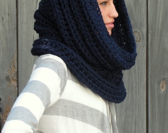 Chunky Cowl Hooded Cowl Chunky Scarf Soft Wool Snood Womens Crochet Scarf Handmade Noni Tunnel Cowl Navy Blue or Choose Your Color