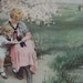 Mother and Baby Reading Book under the Apple Tree - Pastel Colors - Vintage Art Print - 1920's