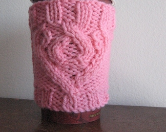 Knit Cup Cozy Pink Inserted Cable Vegan Knit Coffee Cup Cozy, Pink Knit Coffee Sleeve