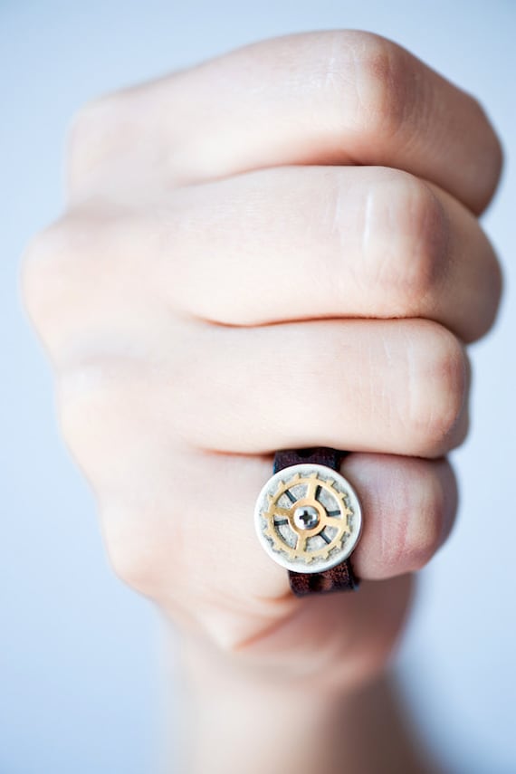Coin Headed Leather Ring-Steampunk Jewelry-Unique-Urban-Craft-Gal Barash-MJ by galbarash steampunk buy now online Coin Headed Leather Ring-Steampunk Jewelry-Unique-Urban-Craft-Gal Barash-MJ by galbarash steampunk buy now online