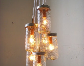 Dazzling Diamonds Mason Jar Chandelier - Upcycled Hanging Lighting Fixture Featuring Pint Sized Quilted Jelly Jars - Rustic BootsNGus Design