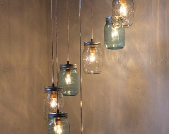 Waterfall Splash Mason Jar Chandelier, Handcrafted Hanging Spiral Lighting Fixture, Blue & Clear Jars, BootsNGus Lighting and Home Decor