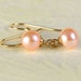 Peach pink glass pearl surgical steel hypoallergenic dangle earrings (360) - Flat rate shipping