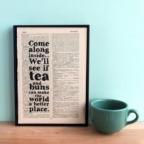 tea and buns wall art on vintage book paper