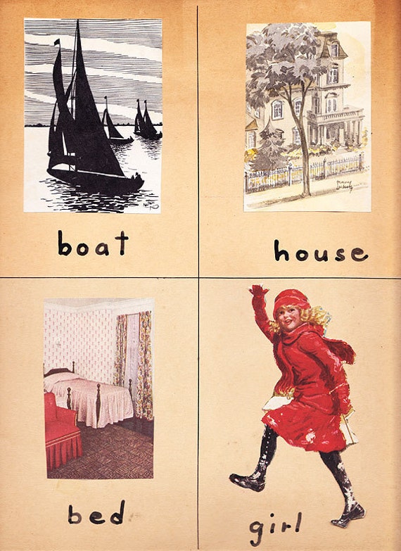 Homemade Flash Card vintage reading vocabulary words Girl Boat Bed 