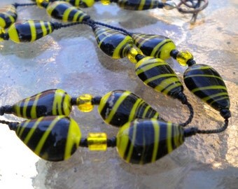 Necklace Black Yellow Hand Knotted Beads