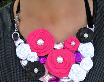 Necklace Bib Pink White Fabric Flowers Ecofriendly