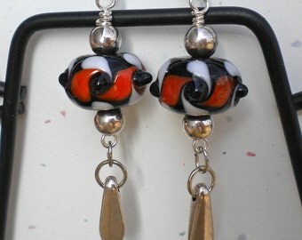 Earrings Black & Orange-Red Lampwork Glass Beads