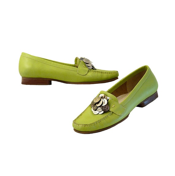 Lime Green Moccasin Penny Loafer Flats with Silver Coins
