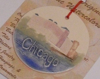 MERCHANDISE MART, CHICAGO personalizable ornament handmade ceramic watercolor hanging colorful original design by Wisconsin artist