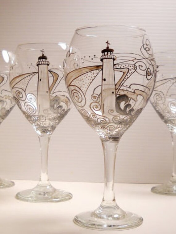 Lighthouse Wine Glasses Hand Painted Glassware by SkySpiritStudios
