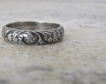Antique Wedding Band Floral Pattern Ring Silver Floral Wedding