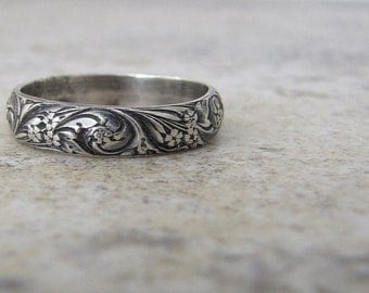 Antique Wedding Band Floral Pattern Ring Silver Floral Wedding