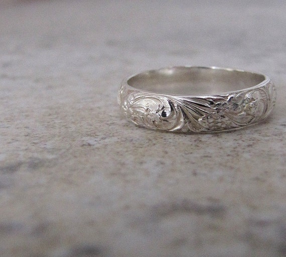 Silver Floral Ring Silver Wedding Ring Wedding Band Engraved