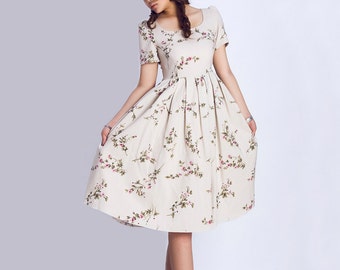 bridesmaid dress,Floral dress, midi Dress, flower dress, print dress, vintage inspired dress, tea length dress,Custom dress, Linen dress 139