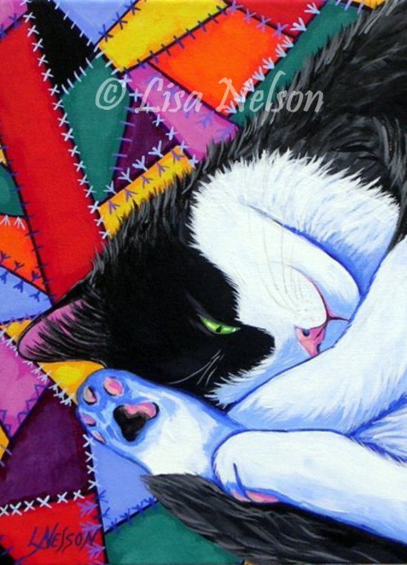 Items similar to Tuxedo Cat Crazy Quilt Print from my Original Art EBSQ