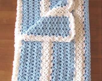 Handmade Pastel Blue and White Crocheted Baby Blanket Afghan