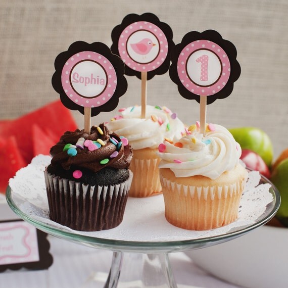 Little Birdie Cupcake Toppers, Happy Birthday Party Decorations in Pink and Brown Il_570xn